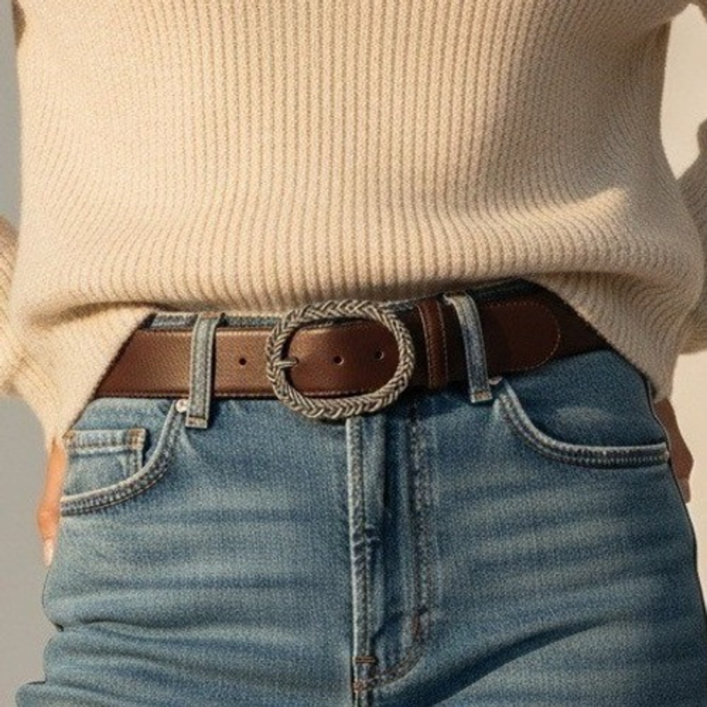 Liz Claiborne Brown Faux Leather Belt Braided Silver Buckle M Brown Boho Classic